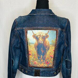 OOAK UpCycled Highland Cow western jean jacket w.brown leather trim - L